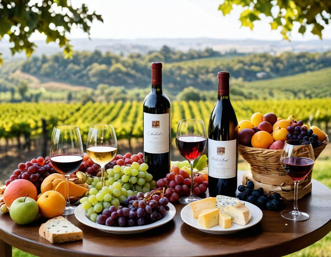 A beautifully arranged table with various wine glasses filled with colorful wines, surrounded by vibrant fruit and cheese platters. Soft, warm lighting creates an inviting atmosphere, with a blurred vineyard in the background. Include a wine bottle with an artistic label, and a corkscrew elegantly placed beside it. The scene should evoke feelings of joy and celebration. super-realistic. vibrant colors. white background.