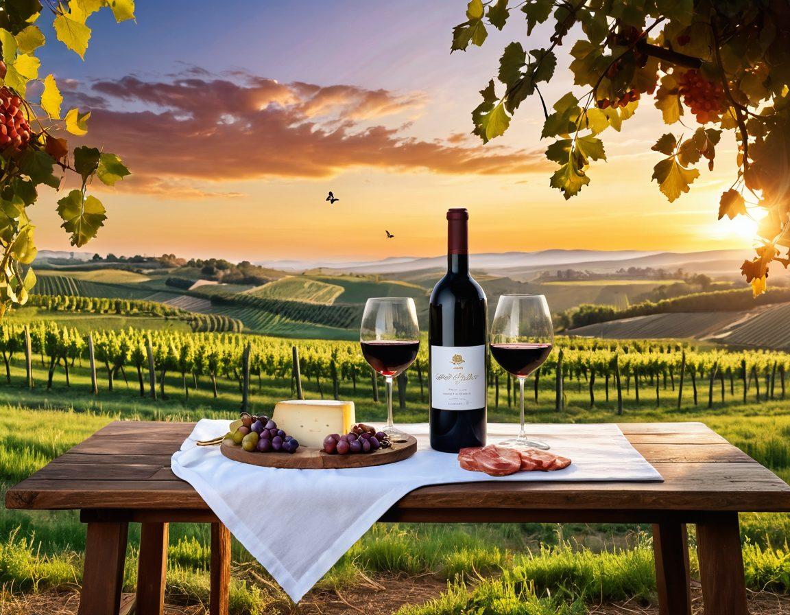 A picturesque vineyard landscape bathed in golden sunset light, with lush grapevines stretching towards the horizon. In the foreground, a glass of red wine glistens, reflecting the vibrant hues of the sky, accompanied by a rustic wooden table holding artisanal cheese and charcuterie. Delicate butterflies flutter around, adding a whimsical touch to the scene. An elegant banner with the title elegantly integrated into the scenery. super-realistic. vibrant colors. romantic atmosphere.