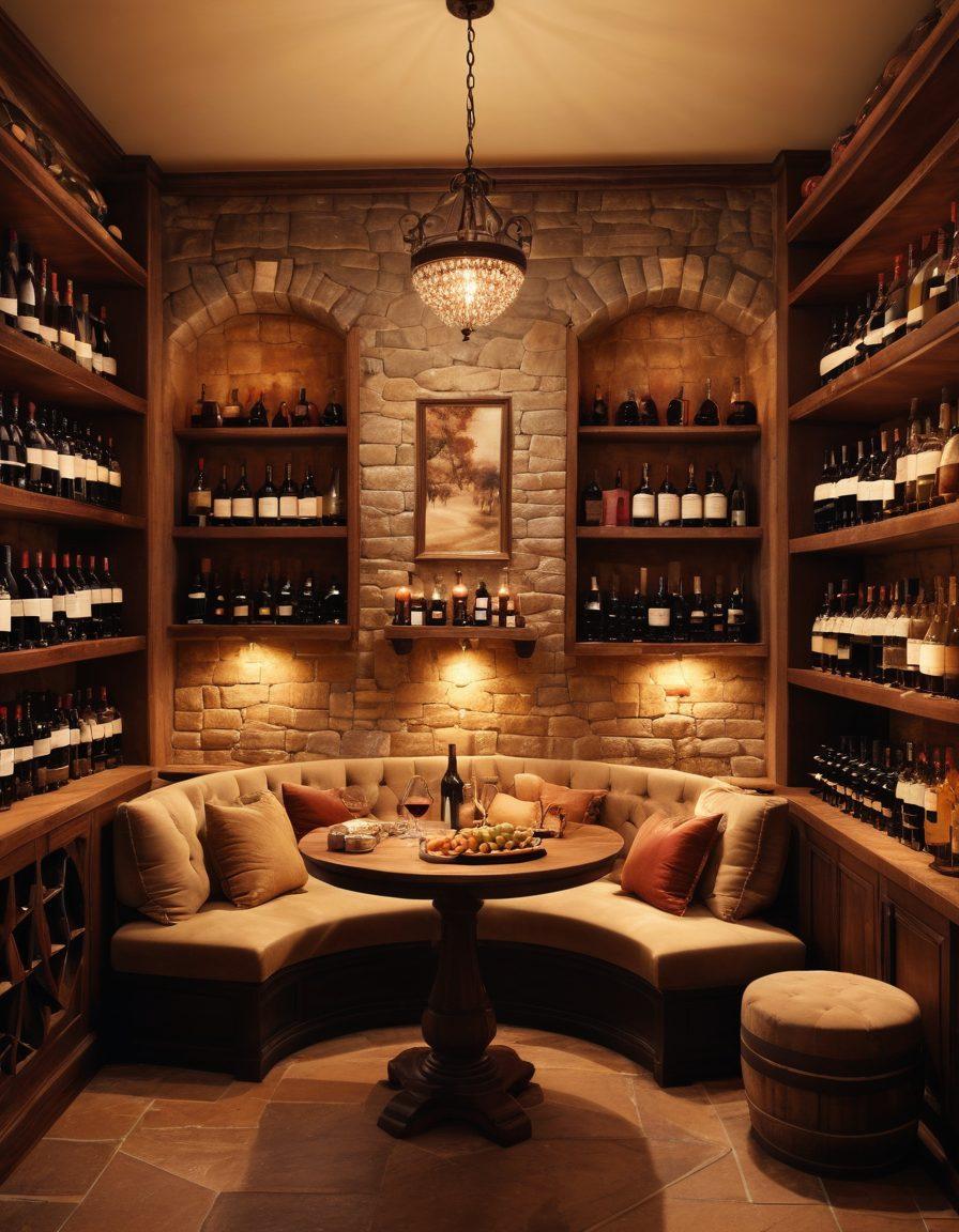 A luxurious wine cellar with dim lighting, showcasing elegantly arranged bottles of wine on wooden shelves. A cozy nook with plush seating and a small table set with a wine glass and a cheese platter, inviting readers to indulge in the experience. Rich textures and deep colors evoke warmth and intimacy, surrounded by subtle, romantic elements like grapes and soft candlelight. super-realistic. vintage aesthetic. warm tones.
